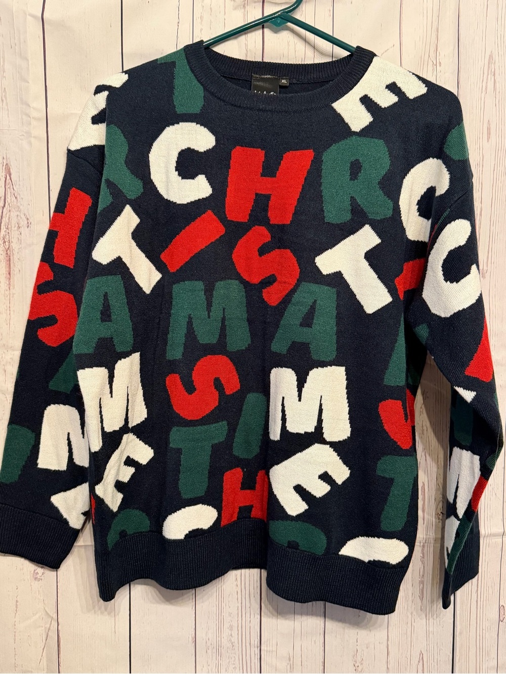Men's Navy Christmas Letter Crewneck Sweater - Red, Green, White